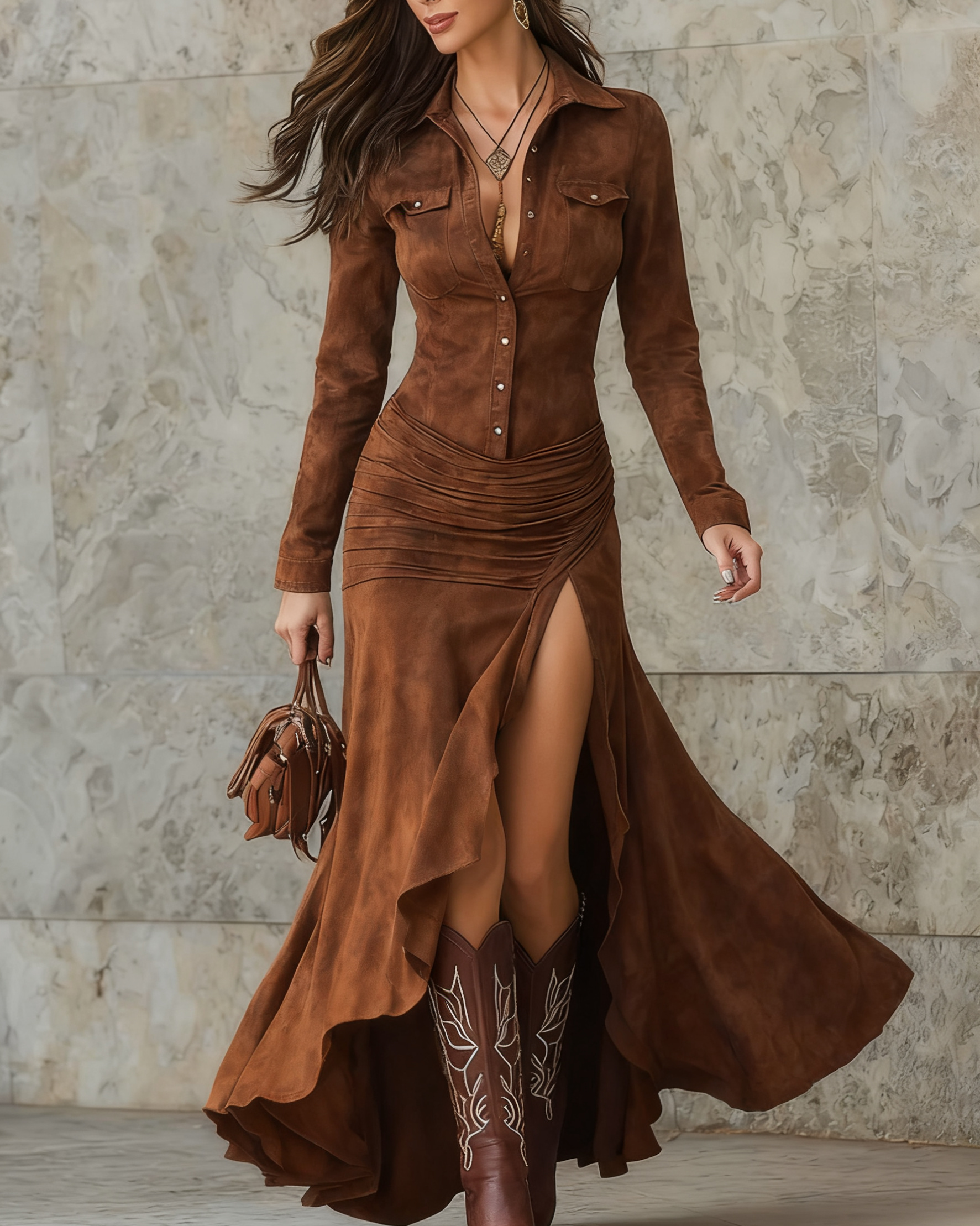 SERAFINA™ | VESTIDO LARGO CON SOLAPA Y VOLANTES